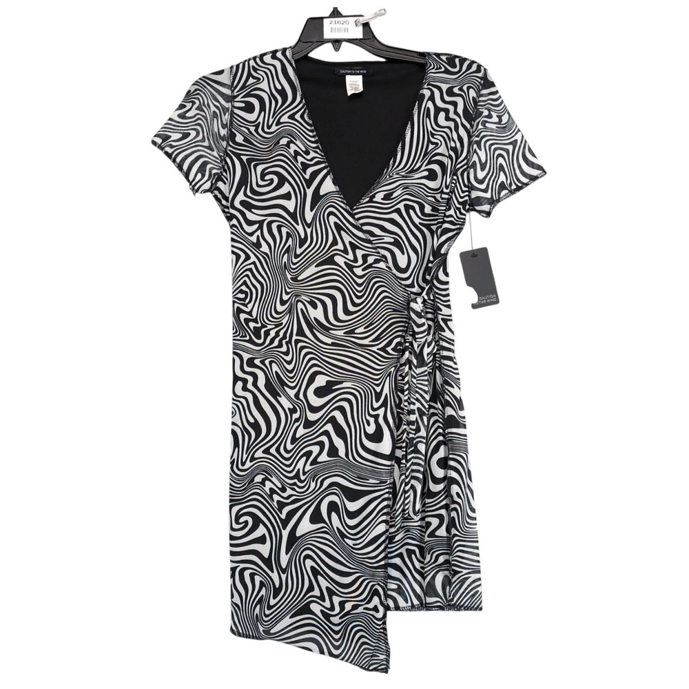 NWT Caution to the Wind Black White Psychedelic Wrap Dress Sz M Mesh Overlay Mod